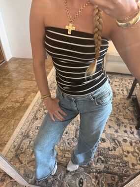 Striped Black & White Strapless Ribbed Tank Top